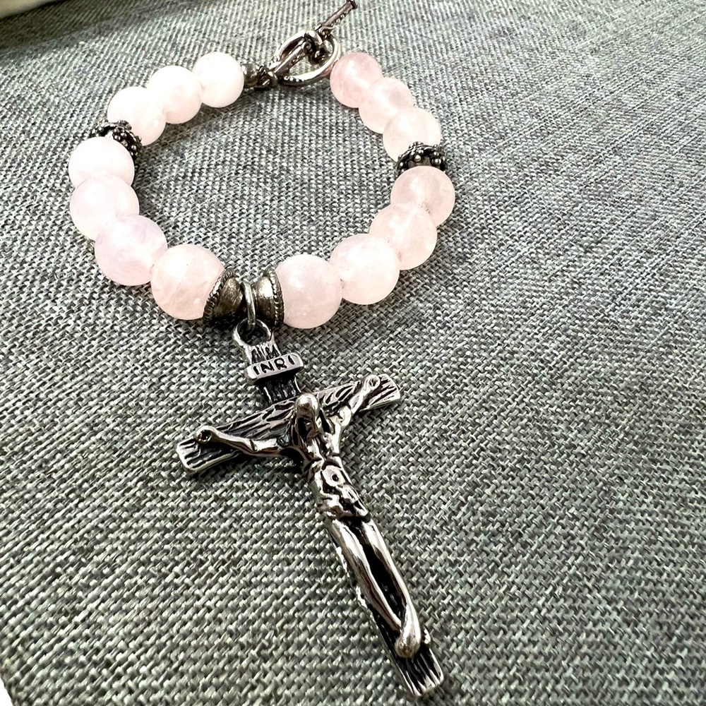 Rosary" Bracelet Rose Quartz Stone with Cross Stainless Steel Silver ☑️ - Picture 1 of 14